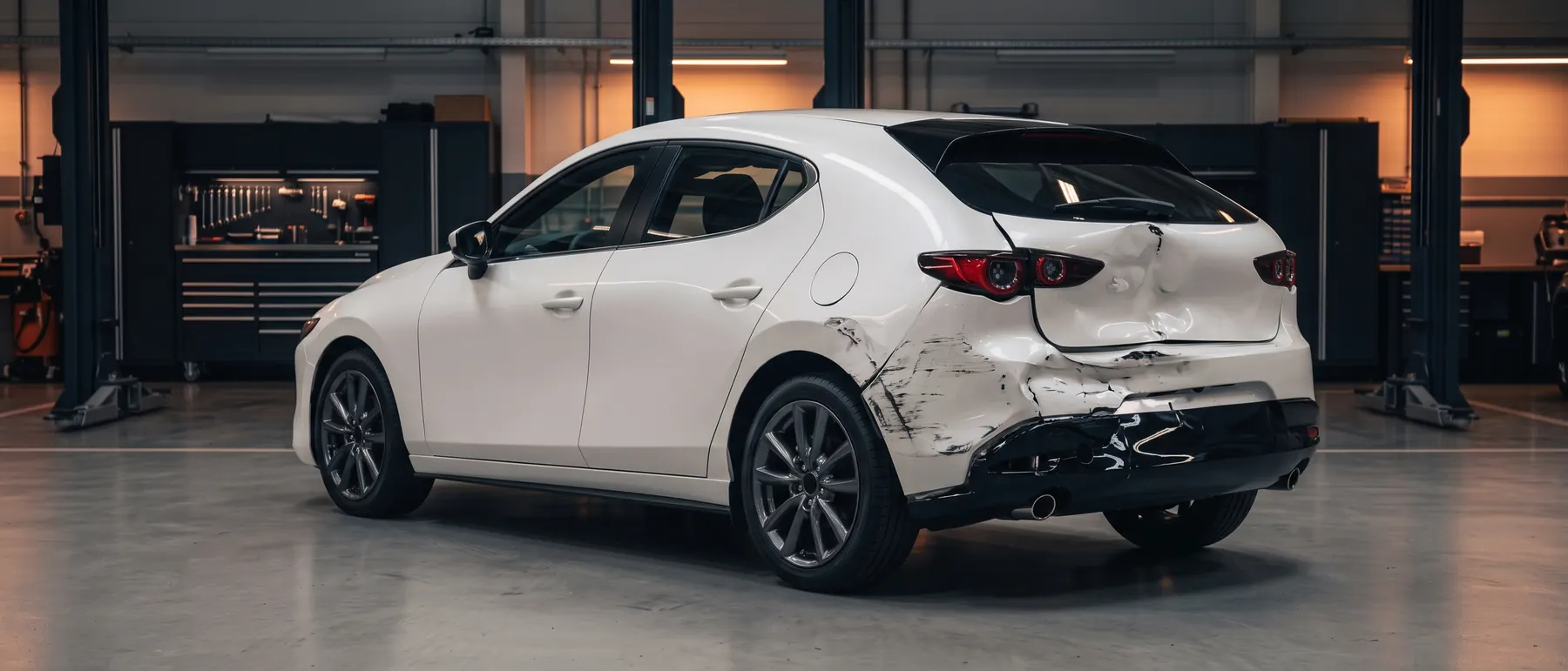 White hatchback with a dented tailgate and crushed rear bumper