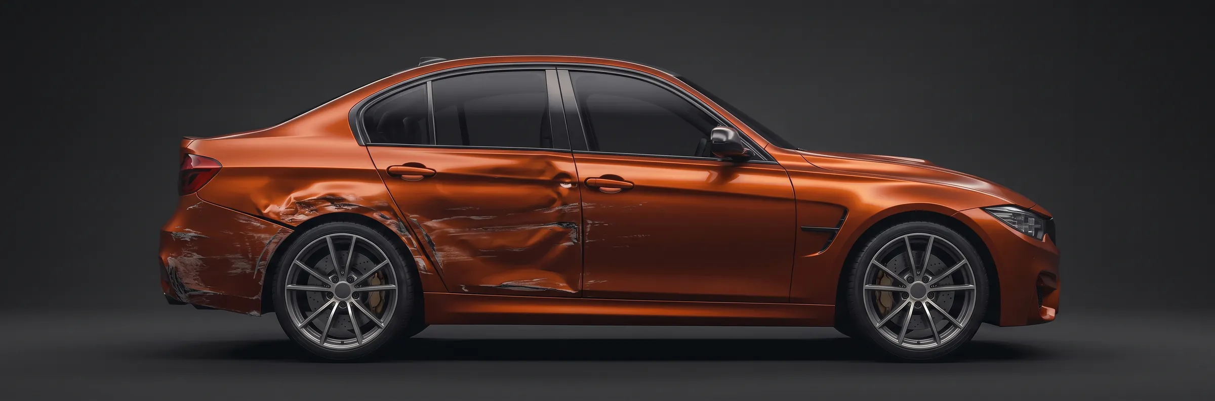 Orange sedan with side-swipe damage to the rear door and quarter panel