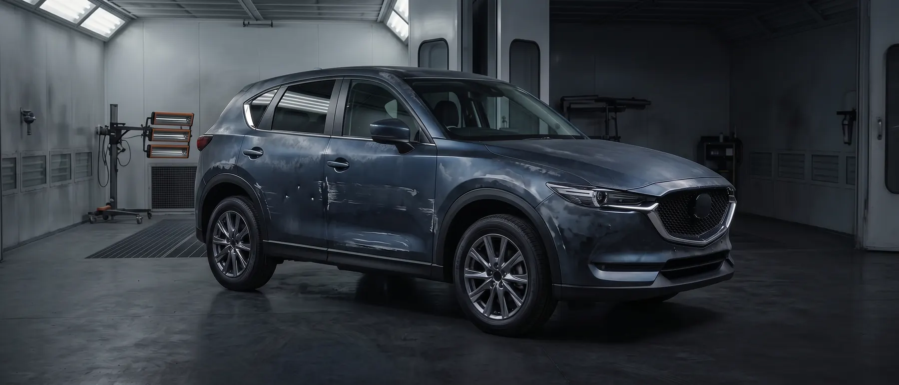 Blue SUV with scraped and dented doors