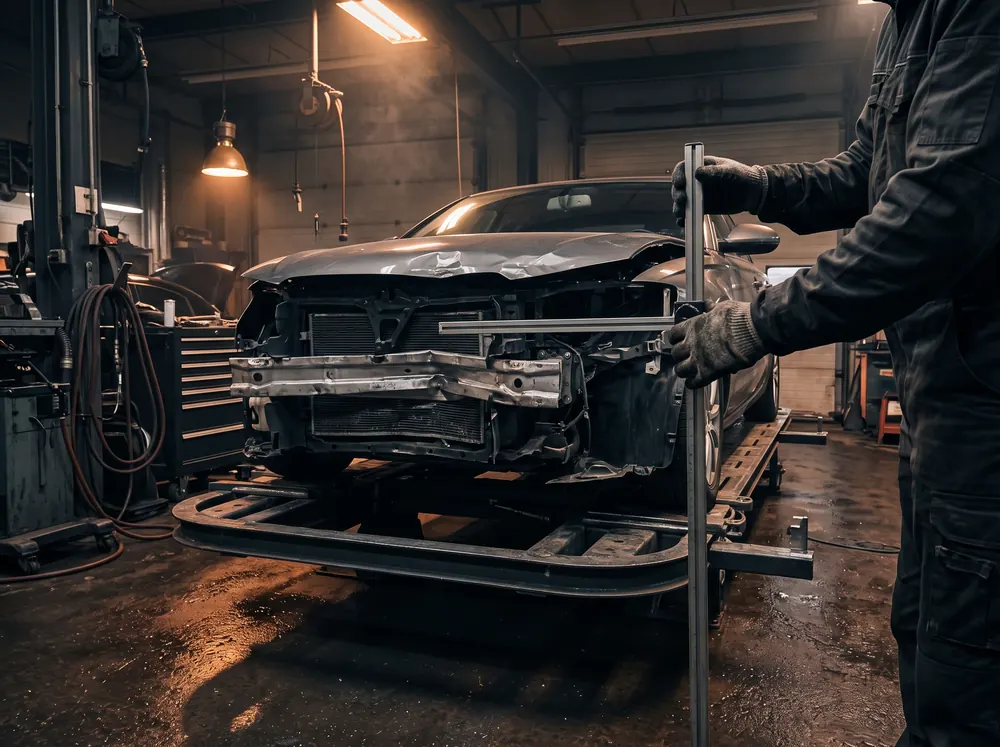 Front-damaged sedan on a repair frame being measured at our Malaga smash repair workshop